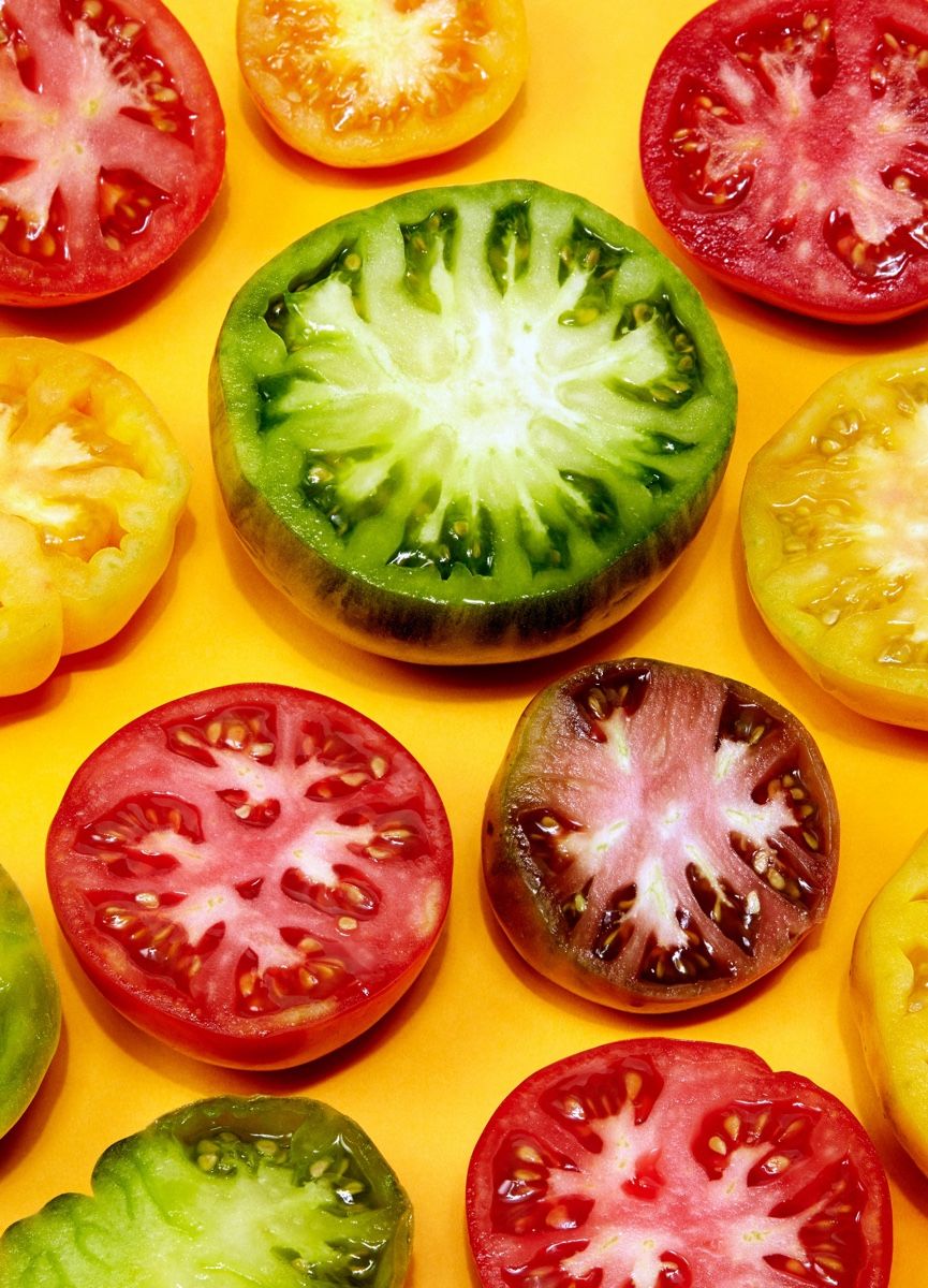 Sliced heirloom tomatoes in red, yellow, green and purple varieties arranged on a yellow surface.
