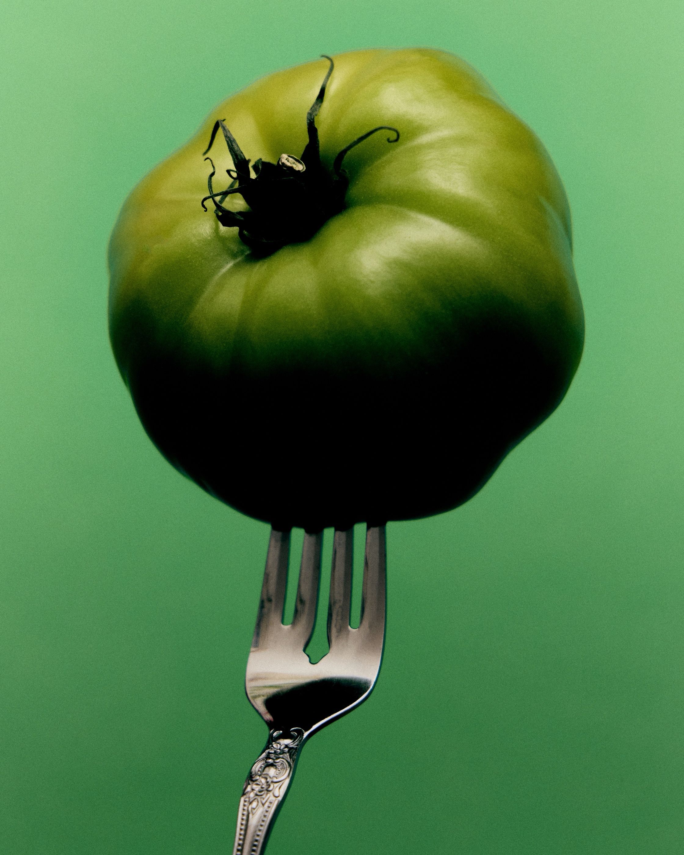 A single green tomato speared on a vintage silver fork, against a green background.