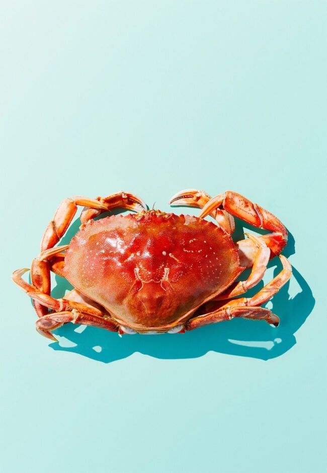 A whole cooked crab shown from above on a teal background.