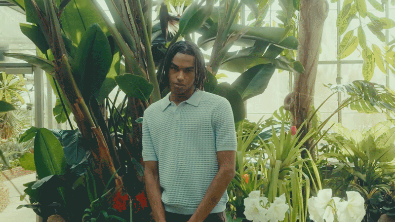 Man in a light blue knit polo shirt standing among tropical plants inside a greenhouse.