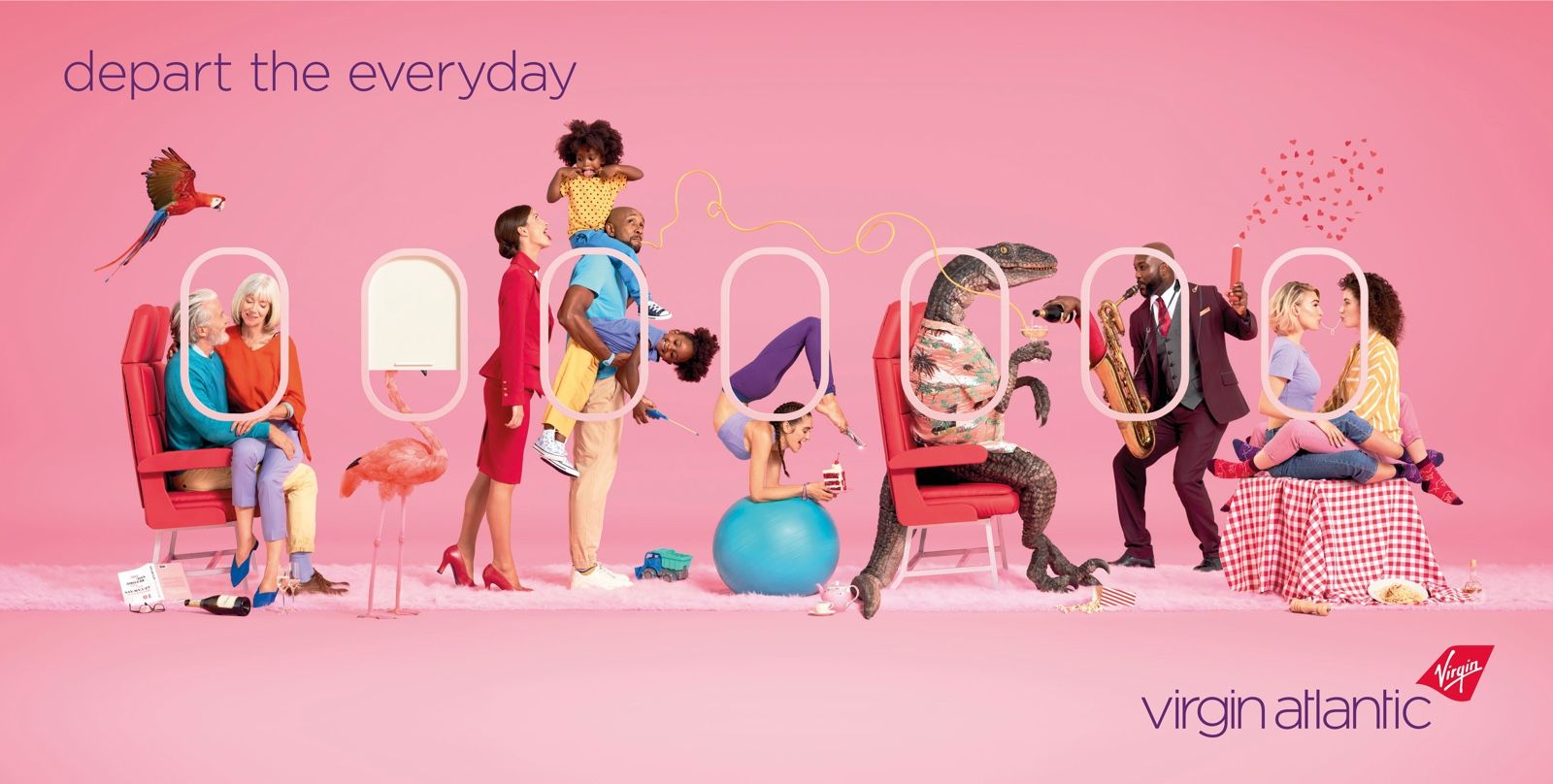 Virgin Atlantic ad with a row of airplane windows holding couples, a flamingo, a dinosaur figure and a saxophonist on pink.