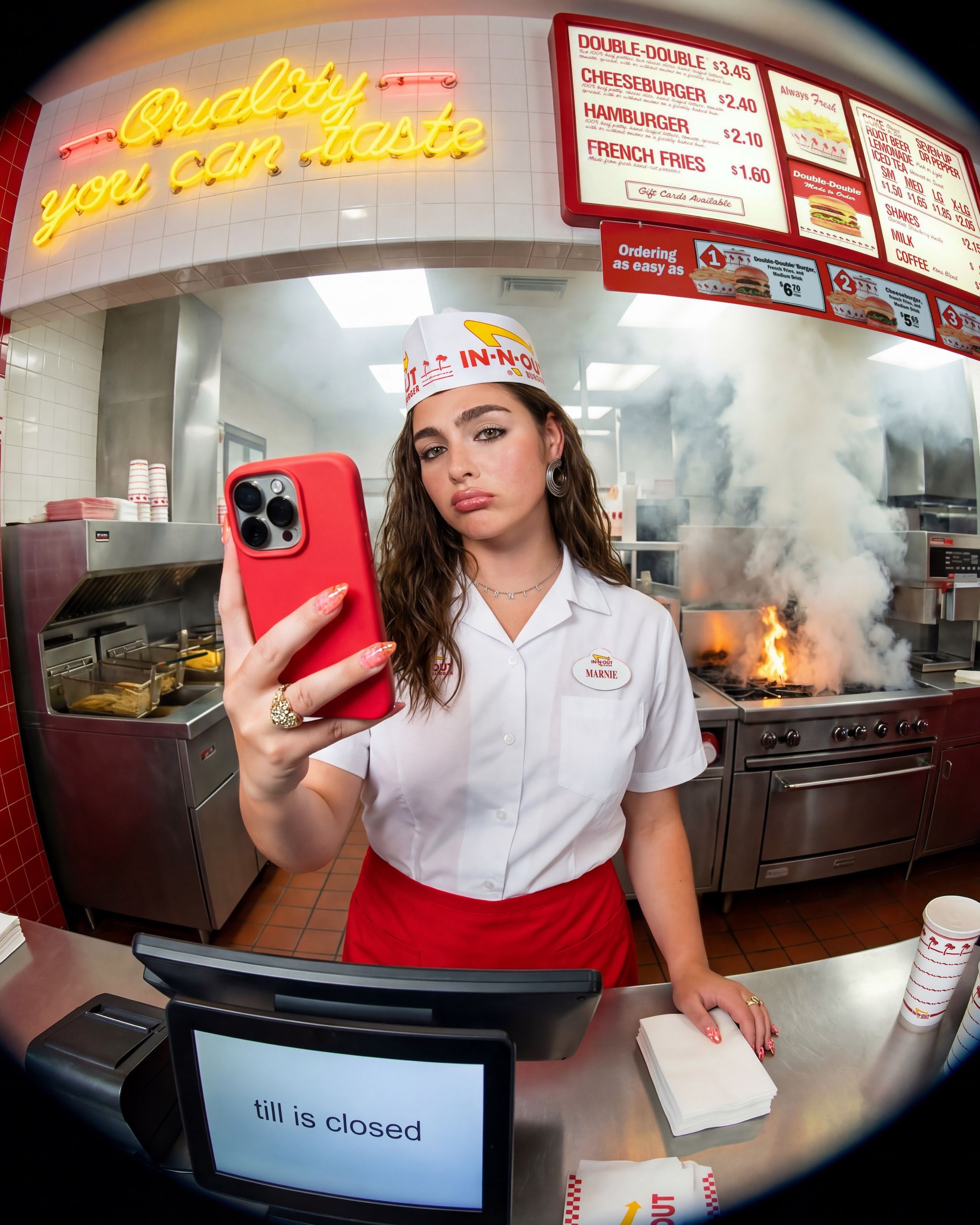 Worker in an In-N-Out uniform takes a phone selfie while a grill fire burns behind her; till screen reads 'till is closed'.