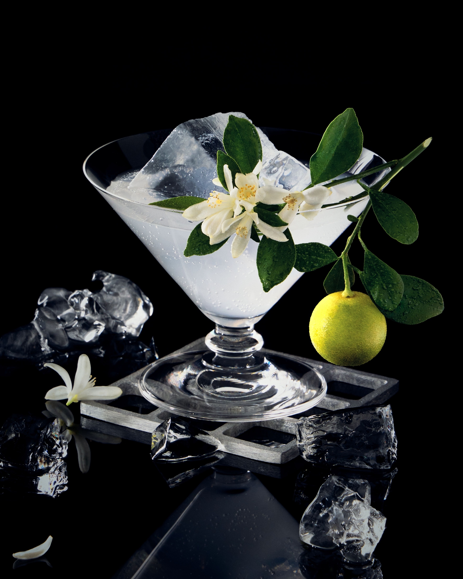 A cocktail in a clear martini glass, garnished with white citrus blossoms, green leaves, and a small yellow citrus fruit. Ice cubes surround the glass on a reflective black surface against a dark background.