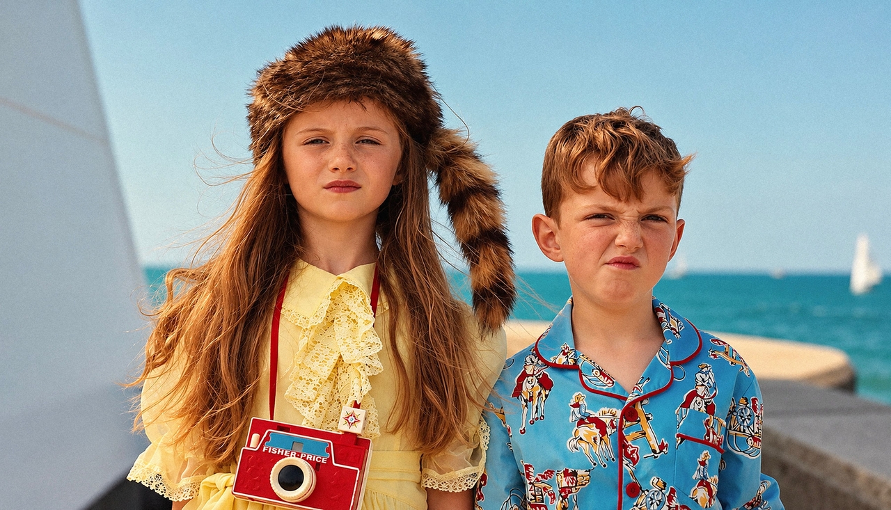 Two children stand by the ocean. The girl holds a red toy camera and wears a fur hat, while sailboats float in the background.