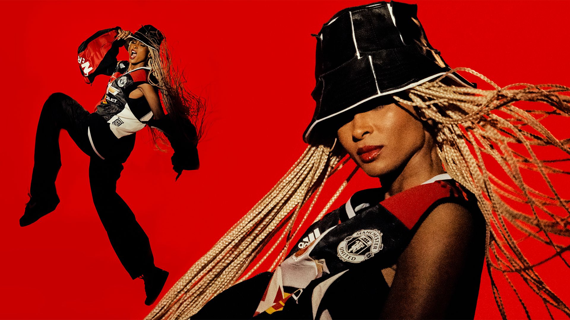 Woman in profile wearing a black bucket hat and Manchester United jersey, long blonde braids, red backdrop.